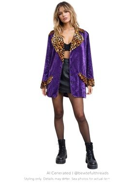 Indie Sleaze Velvet Blazer Purple Leopard Trim Statement Jacket L